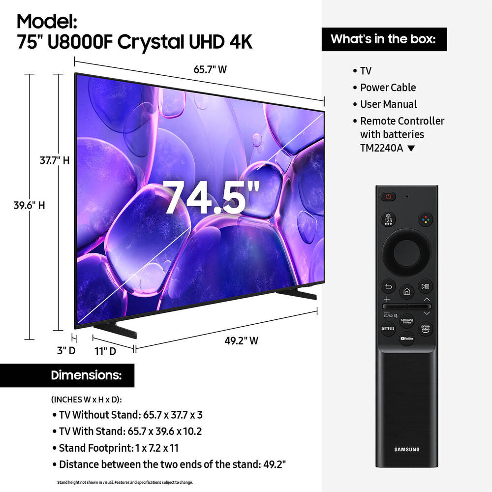 Samsung U8000F Series 75" 4K HDR Crystal UHD Smart LED TV (2025)